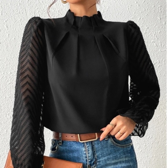 Chic Black Blouse with Sheer Sleeves Textured Black Top $10 - Picture 3 of 3